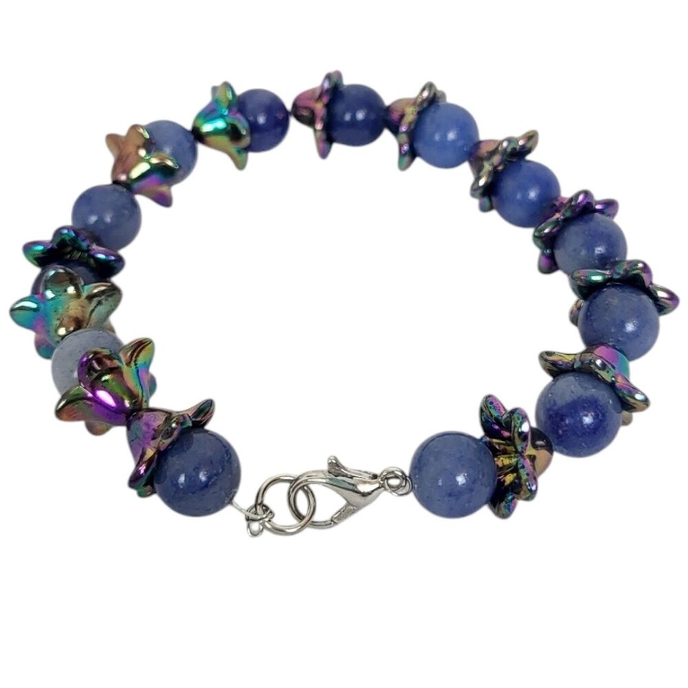 Copper Wire Aventurine Flower Bracelet with Holographic Acrylic Beads | Handmade